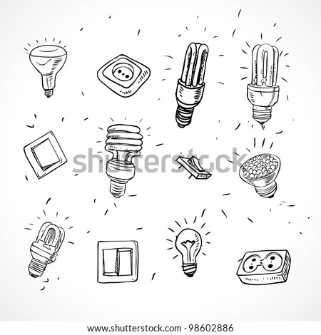 Set Of Sketches-Icons Of Different Lightbulbs Switches And Sockets ...