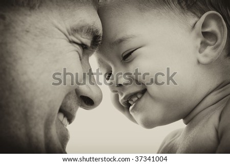 Grandfather and grandson. black and white. Focus on child