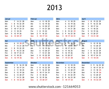 Single page year 2013 calendar in German - with public and bank holidays for Germany