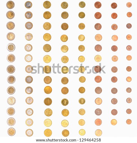 Euro coins including both the international and national side of  major countries Germany France Italy Spain Austria Nederlands Belgium Finland Slovakia Portugal Ireland Greece