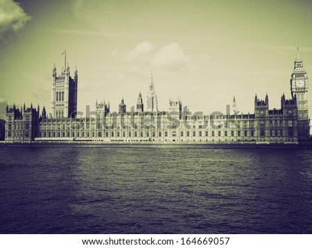 Retro sepia Houses of Parliament, Westminster Palace, London gothic architecture