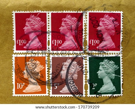 LONDON, UK - JANUARY 02, 2009: Range of British postage stamps with HM The Queen Elizabeth II