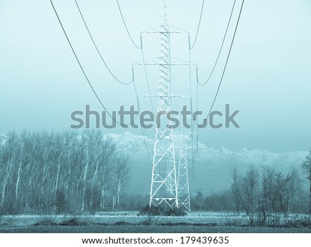 Electric transmission line tower mast with wires - cool cyanotype