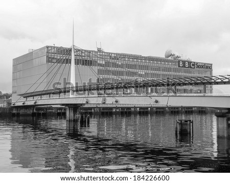 GLASGOW, UK - SEPTEMBER 19, 2010: The new BBC Scotland headquarters are located at the Pacific Quay on the River Clyde banks