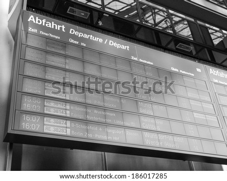 BERLIN, GERMANY - APRIL 25, 2010: Train departures timetable in Berliner Hauptbahnhof (Central station) showing trains for Frankfurt, Koeln, Muenchen and other german destinations