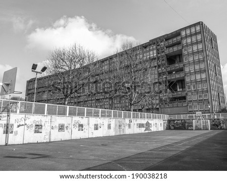LONDON, ENGLAND, UK - MARCH 05, 2009: The Robin Hood Gardens housing estate designed in late sixties by Alison and Peter Smithson is a masterpiece of new brutalist architecture