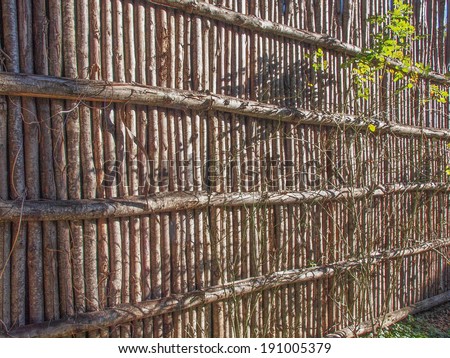 Medieval palisade stakewall fence wall made from wooden stakes or tree trunks used as a defensive structure