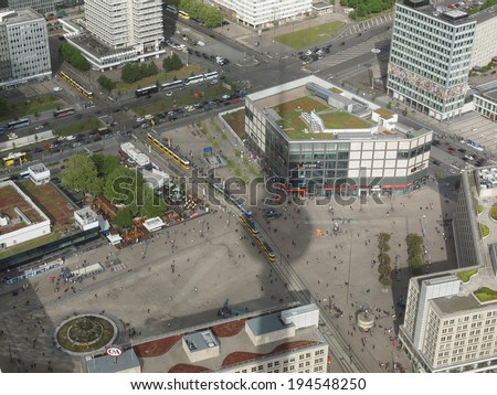 BERLIN, GERMANY - MAY 08, 2014: Aerial bird eye view of the city with the shadow of the Television Tower over Alexanderplatz
