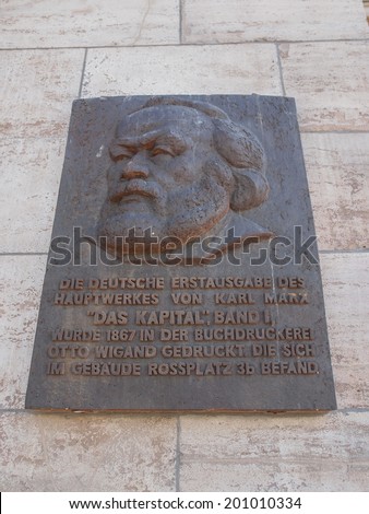 LEIPZIG, GERMANY - JUNE 12, 2014: Commemorative plaque for the printing of the first edition of Karl Marx Das Kapital Capital in 1867 in Leipzig