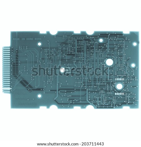 Detail of an electronic printed circuit board - isolated over white background - cool cyanotype