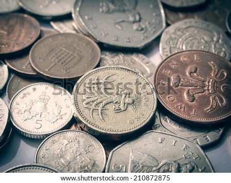 Vintage looking Range of British Pound coins UK currency