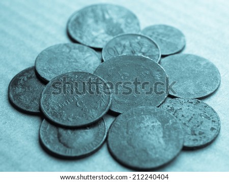 A heap of many ancient rusted coins - cool cyanotype