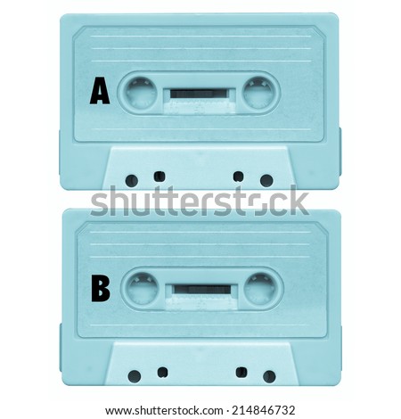 Magnetic tape cassette for audio music recording - isolated over white background - cool cyanotype
