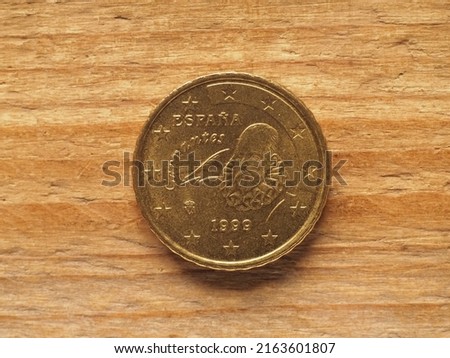 ten cents coin, Spanish side showing Miguel de Cervantes, currency of Spain, European Union Imagine de stoc © 