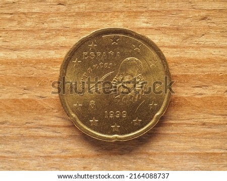 twenty cents coin, Spanish side showing Miguel de Cervantes, currency of Spain, European Union Imagine de stoc © 