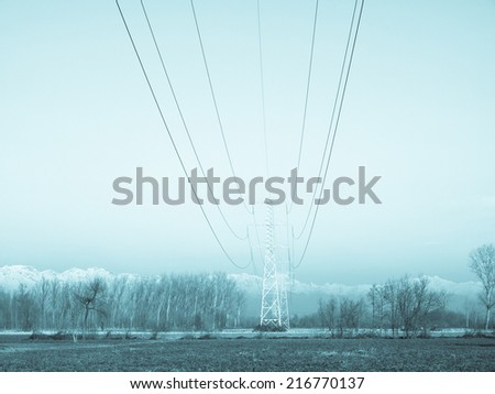 Electric transmission line tower mast with wires - cool cyanotype