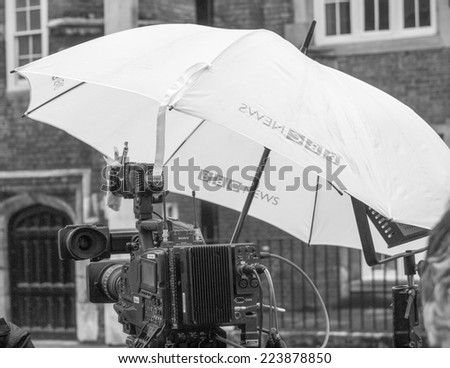 LONDON, ENGLAND, UK - NOVEMBER 30: BBC News location facilities at an outdoor live event broadcast on the occasion of the Royal Christening on November 30, 2013 in London, England, UK