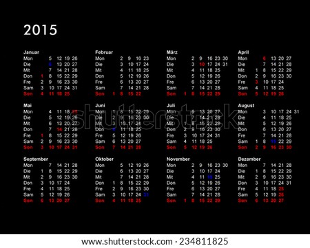 Year 2015 German calendar with public and bank holidays, national holidays in red, local holidays in blue