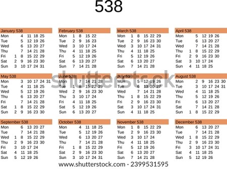 calendar of year 538 in English language