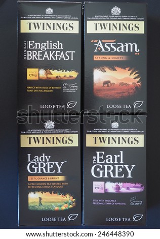 LONDON, UK - JANUARY 6, 2015: Twinings teas including English Breakfast, Assam, Lady Grey and Earl Grey loose tea