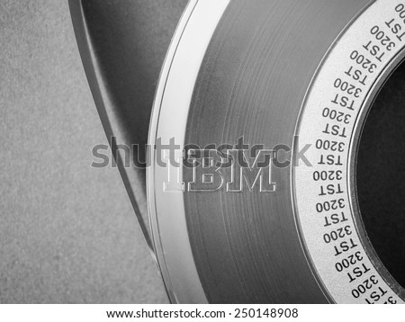 LONDON, UK - DECEMBER 31, 2014: IBM reel tape for computer data storage in black and white