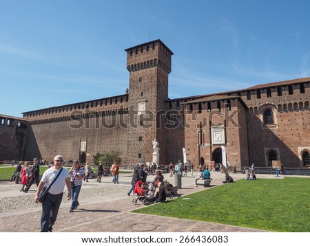 MILAN, ITALY - MARCH 28, 2015: People visiting the Sforza Castle aka Castello Sforzesco which is the oldest castle in town