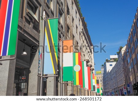 MILAN, ITALY - MARCH 28, 2015: Flags from all countries of the world on show in Milan city centre as part of the Expo Milano 2015 international exhibition