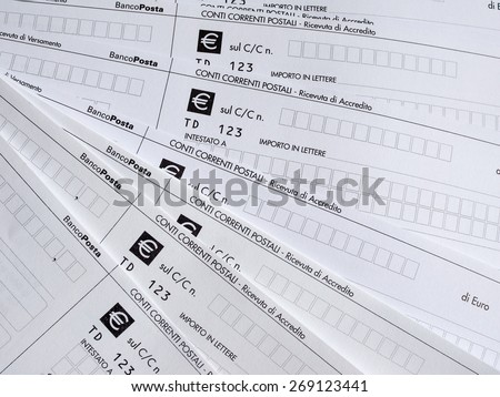 MILAN, ITALY - APRIL 2, 2015: Blank Italian postal order forms for payments, aka as Bollettino Postale in Italy