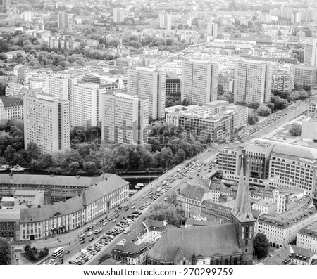 Aeria view of the city of Berlin in Germany in black and white