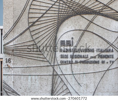 TURIN, ITALY - FEBRUARY 19, 2015: RAI logo at the Italian state TV production centre and broadcasting house in Via Verdi