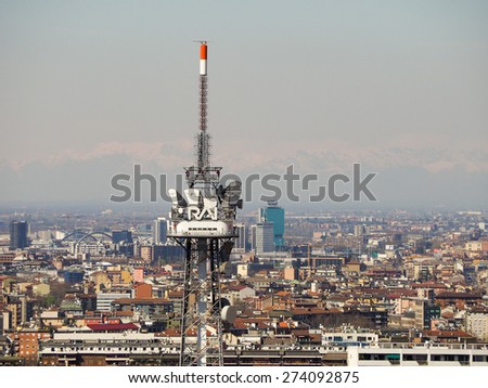 MILAN, ITALY - MARCH 28, 2015: The broadcasting tower of RAI Italian public television seen over the city skyline