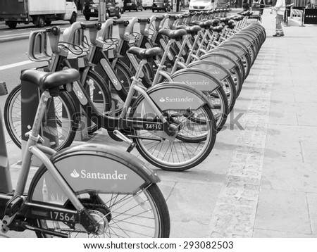 LONDON, UK - JUNE 12, 2015: Santander is the new sponsor for the public cycle hire in black and white