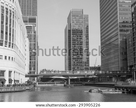 LONDON, UK - JUNE 11, 2015: The Canary Wharf business centre is the largest business district in the United Kingdom in black and white