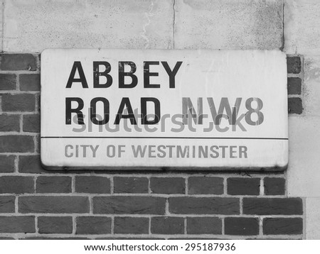 LONDON, UK - JUNE 10, 2015: Abbey Road sign made famous by the 1969 Beatles album cover in black and white