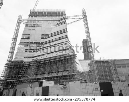 LONDON, UK - JUNE 10, 2015: Extension to the Tate Modern art gallery in South Bank powerstation designed by Swiss architects Herzog and De Meuron in black and white