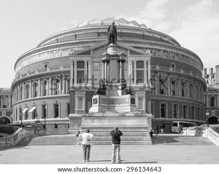 LONDON, UK - JUNE 10, 2015: People visiting the Royal Albert Hall concert room in black and white