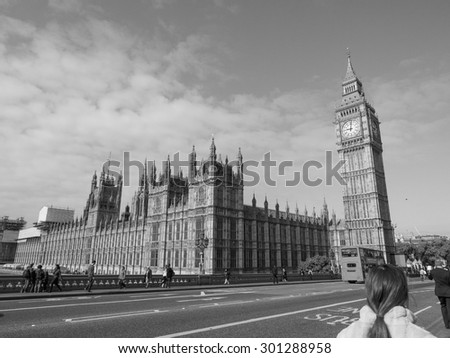 LONDON, UK - JUNE 10, 2015: Houses of Parliament aka Westminster Palace seen from Westminster Bridge in black and white