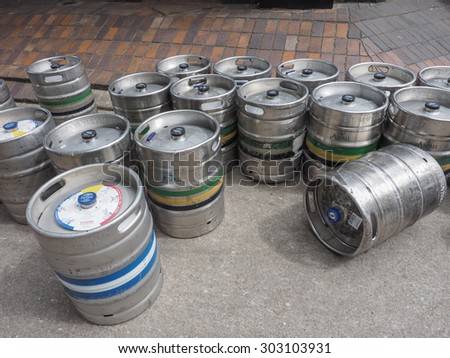 LONDON, UK - JUNE 10, 2015: Aspall brewery beer kegs ready for delivery to a pub