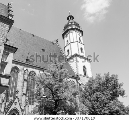 Thomaskirche St Thomas Church in Leipzig Germany where Johann Sebastian Bach worked as a Kapellmeister and the current location of his remains in black and white