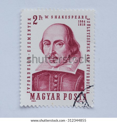 BUDAPEST, HUNGARY - CIRCA 2015: A stamp printed by Hungary shows English poet William Shakespeare