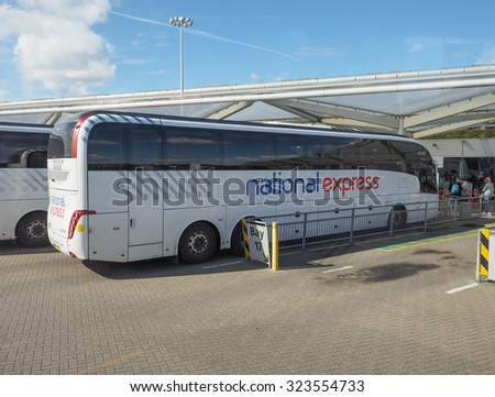 STANSTED, UK - SEPTEMBER 24, 2015: National Express coach at London Stansted airport coach station