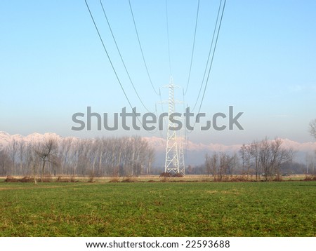 Electric transmission line tower mast with wires