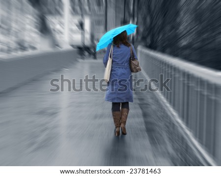 Girl walking in the rain with umbrella, dressed in a blue mac with an azure umbrella