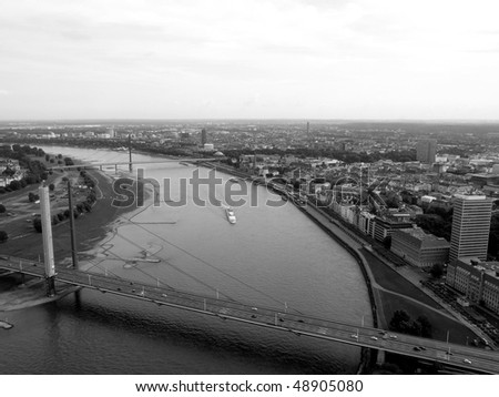 Aerial bird-eye view of the city of Duesseldorf with river Rhine, Germany