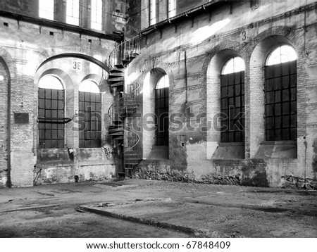 Ruins of abandoned factory architecture in Turin (Torino), Italy - high dynamic range HDR - black and white