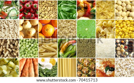 Food collage including pictures of vegetables, fruit, pasta