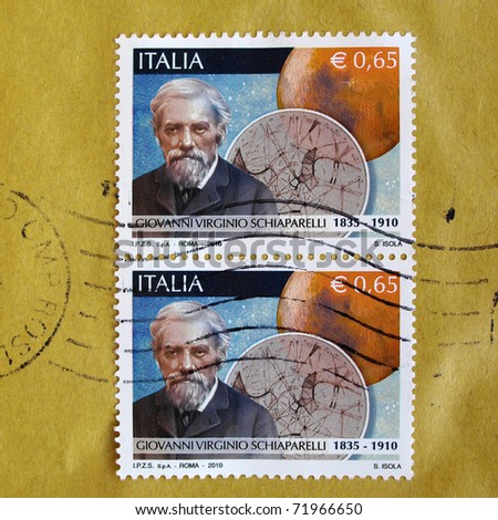 ROME, ITALY - CIRCA 2011: Celebratory stamp for 100th year from death of Giovanni Virginio Schiaparelli famous Italian astronomer and scientist circa 2011 in Rome, Italy