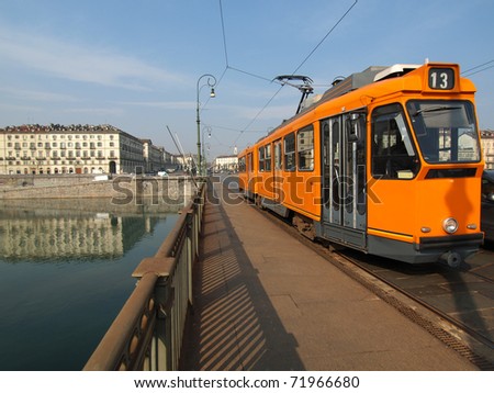 Public transport tramway on a bridge over River Po in Turin, Piedmont, Italy