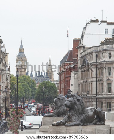 Trafalgar Square with Nelson column in London, UK
