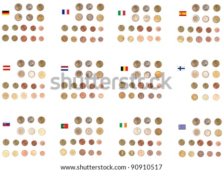 Euro coins including both the international and national side of  major countries Germany France Italy Spain Austria Nederlands Belgium Finland Slovakia Portugal Ireland Greece